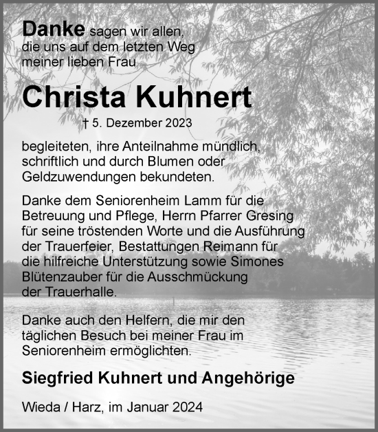 Traueranzeige von Christa Kuhnert von Harz Kurier