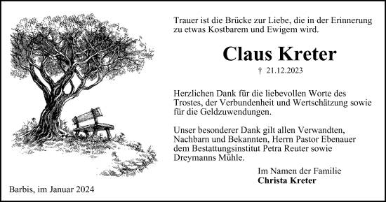 Traueranzeige von Claus Kreter von Harz Kurier