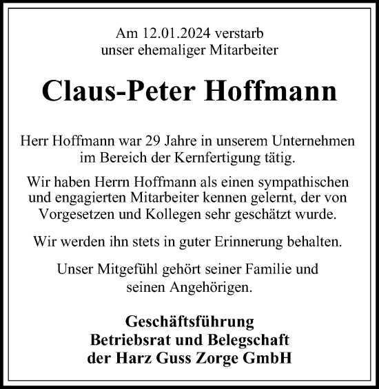 Traueranzeige von Claus-Peter Hoffmann von Harz Kurier