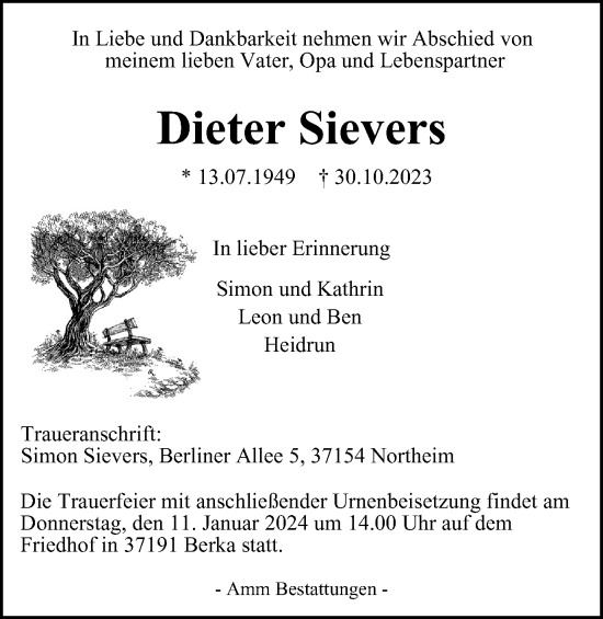 Traueranzeige von Dieter Sievers von Harz Kurier