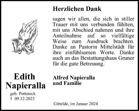 Traueranzeige von Edith Napieralla von Harz Kurier