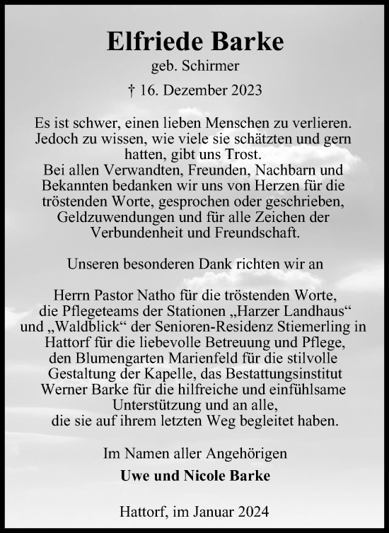 Traueranzeige von Elfriede Barke von Harz Kurier