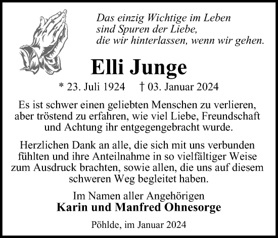 Traueranzeige von Elli Junge von Harz Kurier
