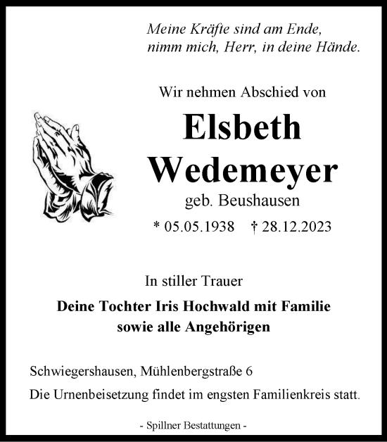 Traueranzeige von Elsbeth Wedemeyer von Harz Kurier
