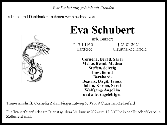 Traueranzeige von Eva Schubert von Harz Kurier