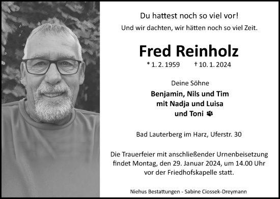 Traueranzeige von Fred Reinholz von Harz Kurier