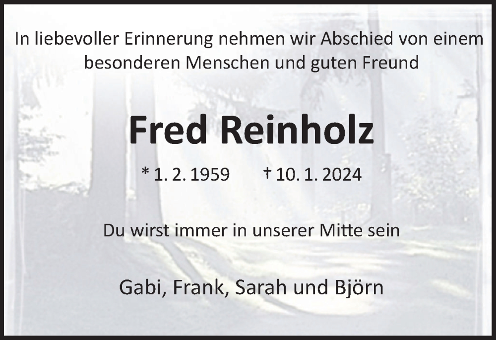  Traueranzeige für Fred Reinholz vom 20.01.2024 aus Harz Kurier