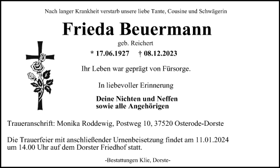 Traueranzeige von Frieda Beuermann von Harz Kurier