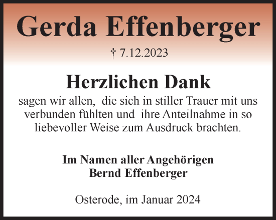 Traueranzeige von Gerda Effenberger von Harz Kurier