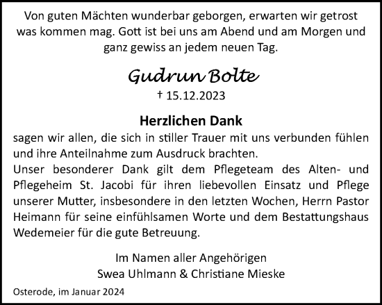 Traueranzeige von Gudrun Bolte von Harz Kurier