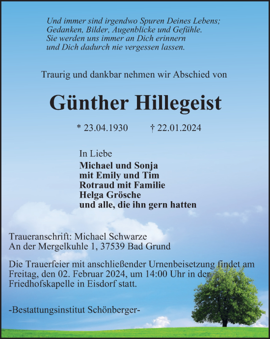 Traueranzeige von Günther Hillegeist von Harz Kurier