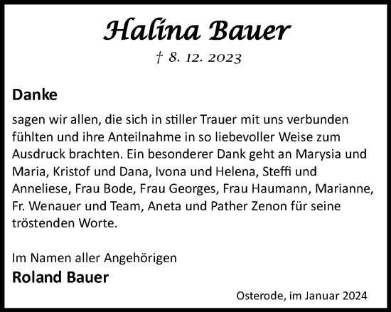 Traueranzeige von Halina Bauer von Harz Kurier
