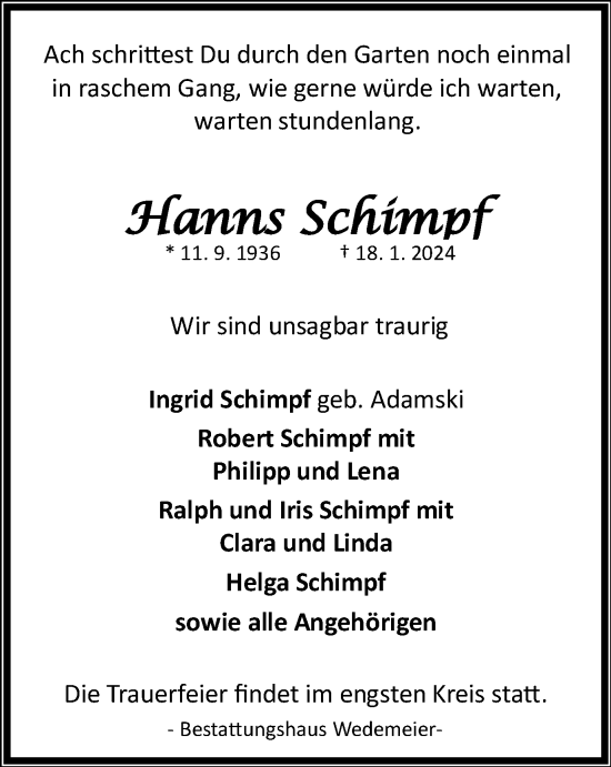 Traueranzeige von Hanns Schimpf von Harz Kurier