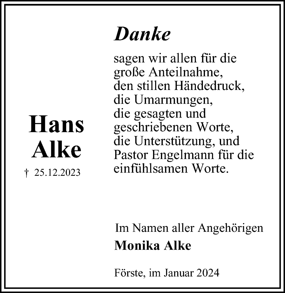 Traueranzeige für Hans Alke vom 27.01.2024 aus Harz Kurier