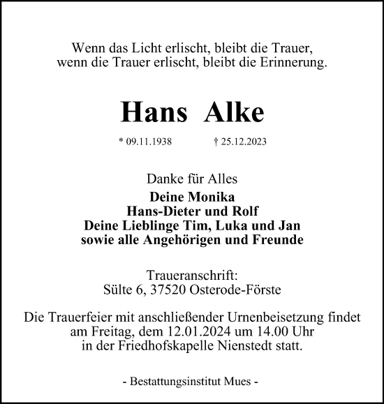 Traueranzeige von Hans Alke von Harz Kurier