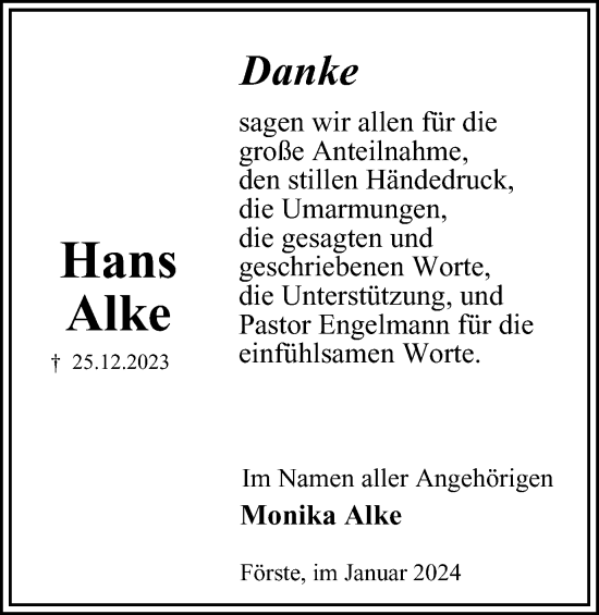 Traueranzeige von Hans Alke von Harz Kurier