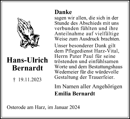 Traueranzeige von Hans-Ulrich Bernardt von Harz Kurier