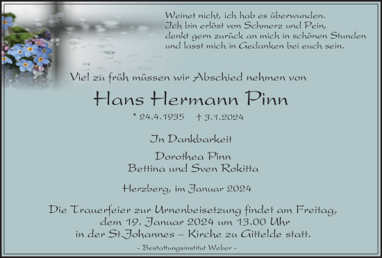 Traueranzeige von Hans Hermann Pinn von Harz Kurier