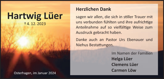 Traueranzeige von Hartwig Lüer von Harz Kurier