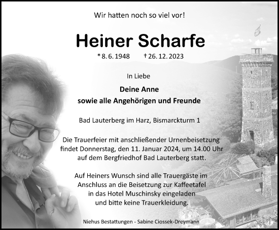 Traueranzeige von Heiner Scharfe von Harz Kurier
