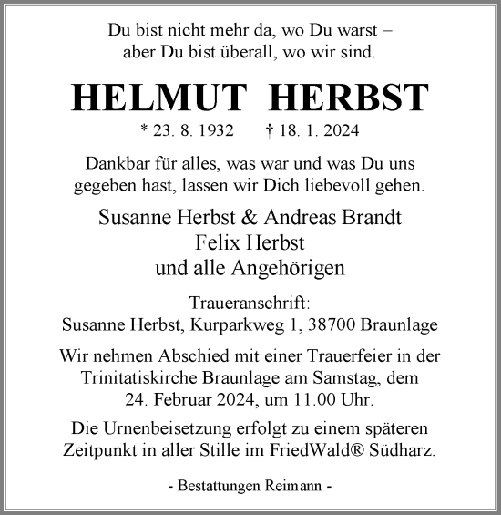 Traueranzeige von Helmut Herbst von Harz Kurier