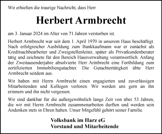 Traueranzeige von Herbert Armbrecht von Harz Kurier