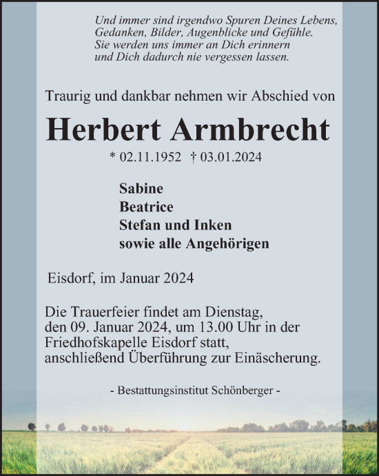 Traueranzeige von Herbert Armbrecht von Harz Kurier