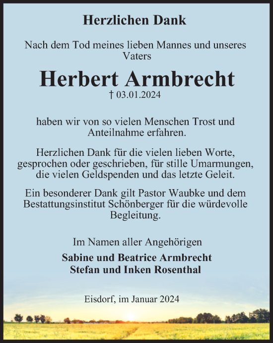 Traueranzeige von Herbert Armbrecht von Harz Kurier