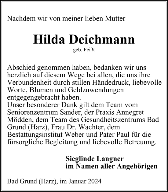 Traueranzeige von Hilda Deichmann von Harz Kurier