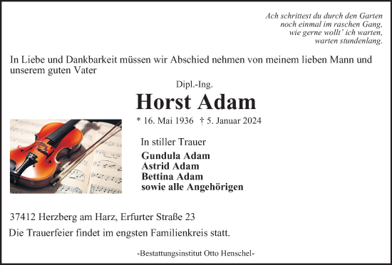 Traueranzeige von Horst Adam von Harz Kurier