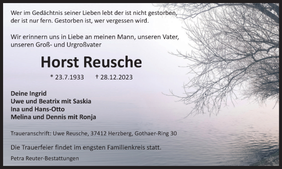 Traueranzeige von Horst Reusche von Harz Kurier