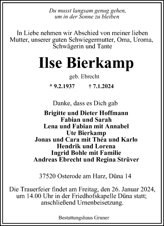 Traueranzeige von Ilse Bierkamp von Harz Kurier