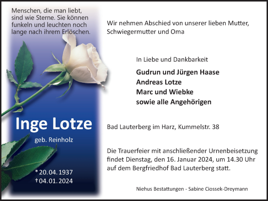 Traueranzeige von Inge Lotze von Harz Kurier