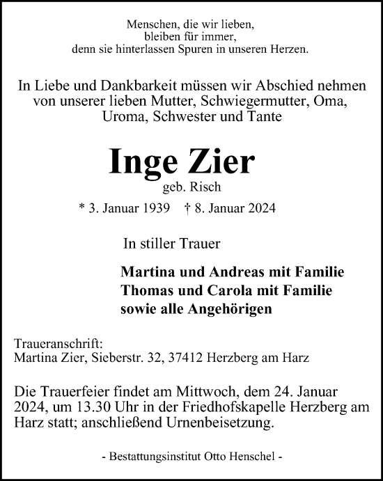 Traueranzeige von Inge Zier von Harz Kurier