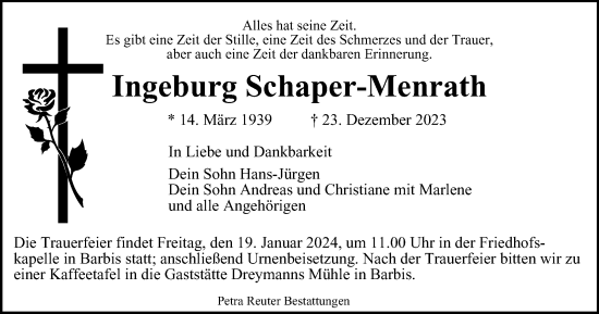 Traueranzeige von Ingeburg Schaper-Menrath von Harz Kurier
