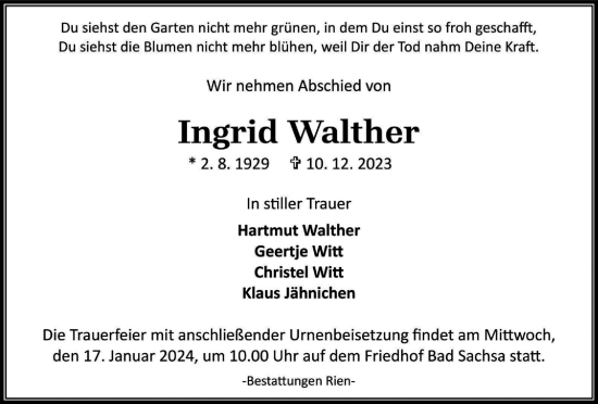 Traueranzeige von Ingrid Walther von Harz Kurier