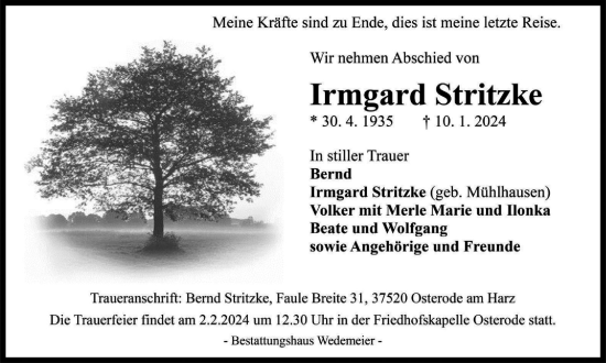 Traueranzeige von Irmgard Stritzke von Harz Kurier