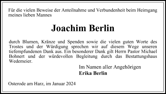 Traueranzeige von Joachim Berlin von Harz Kurier