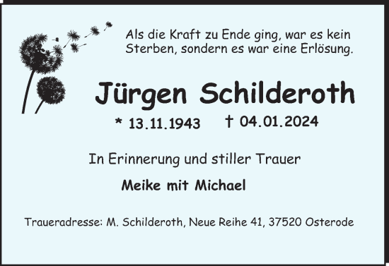 Traueranzeige von Jürgen Schilderoth von Harz Kurier