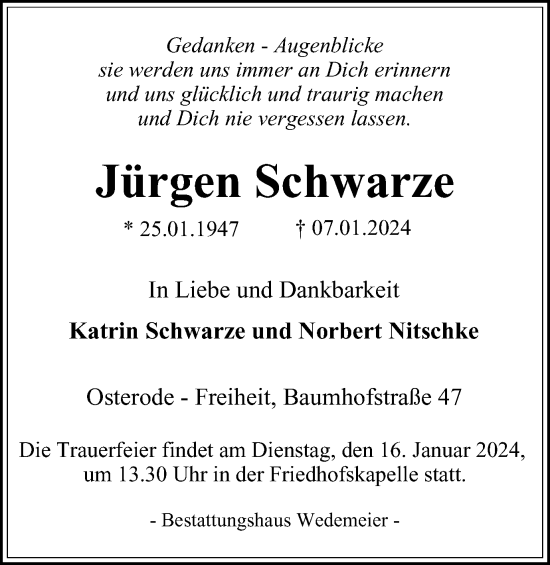Traueranzeige von Jürgen Schwarze von Harz Kurier