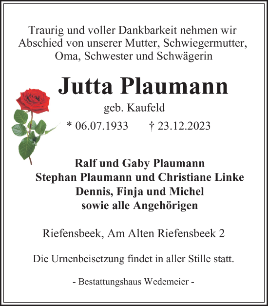 Traueranzeige von Jutta Plaumann von Harz Kurier
