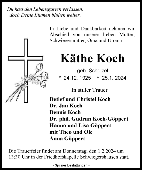 Traueranzeige von Käthe Koch von Harz Kurier