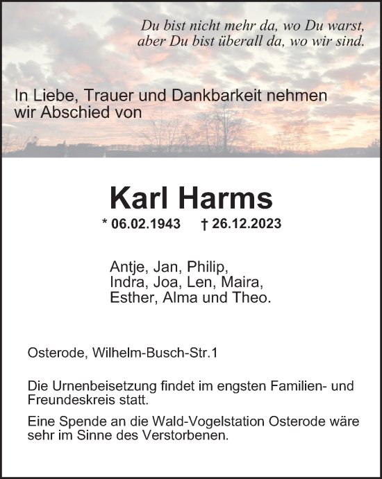 Traueranzeige von Karl Harms von Harz Kurier