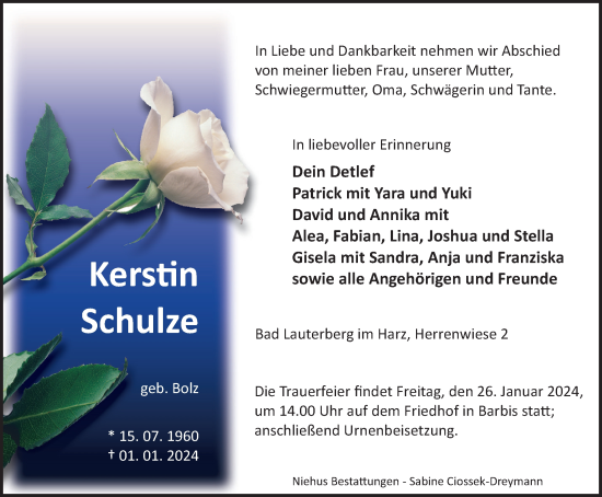 Traueranzeige von Kerstin Schulze von Harz Kurier