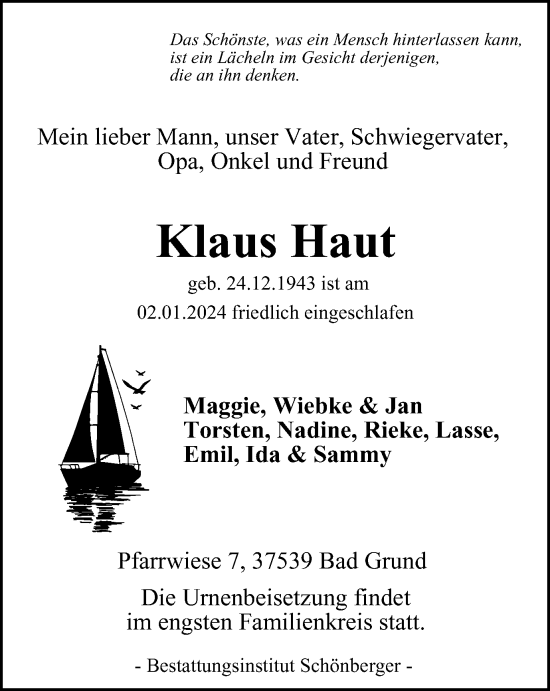 Traueranzeige von Klaus Haut von Harz Kurier