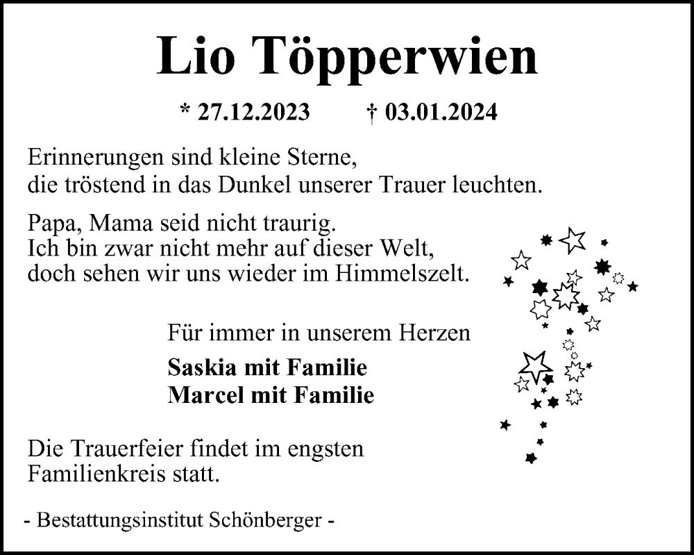  Traueranzeige für Lio Töpperwien vom 20.01.2024 aus Harz Kurier