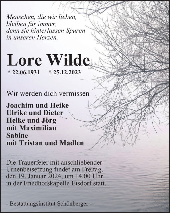 Traueranzeige von Lore Wilde von Harz Kurier