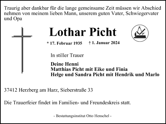 Traueranzeige von Lothar Picht von Harz Kurier