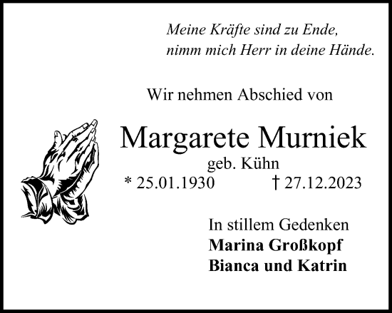 Traueranzeige von Margarete Murniek von Harz Kurier