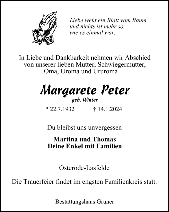 Traueranzeige von Margarete Peter von Harz Kurier